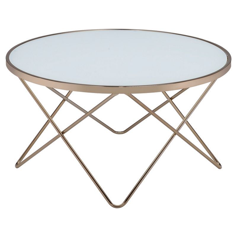 Champagne Elegance Round Glass Coffee Table with Geometric Base