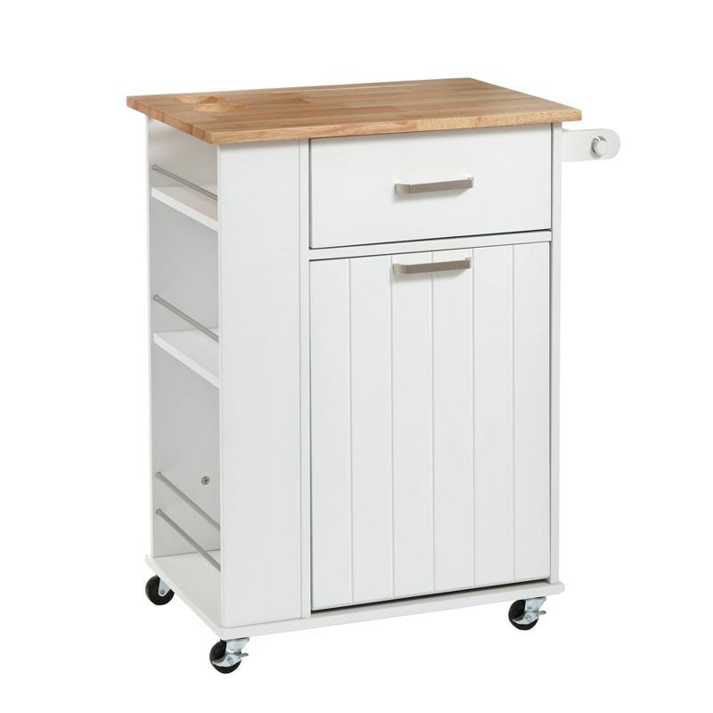 White MDF Kitchen Cart with Rubberwood Top and Spice Rack