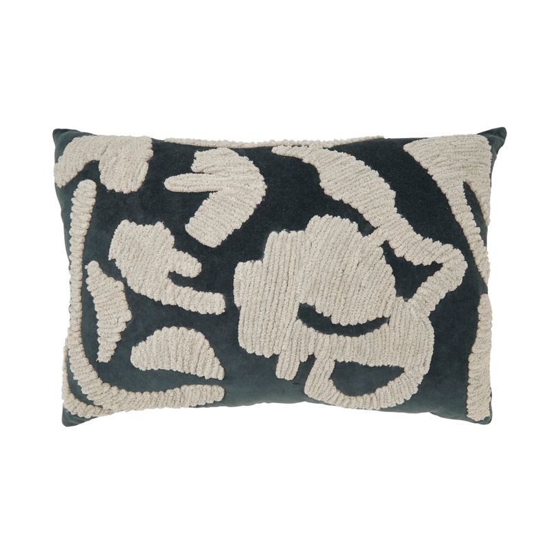 Blue and Beige Embroidered Velvet Rectangular Throw Pillow