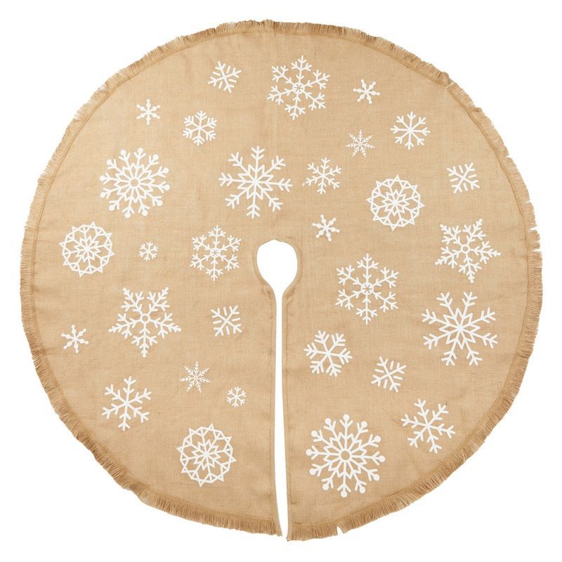 60 Inch Burlap Christmas Tree Skirt with White Snowflakes