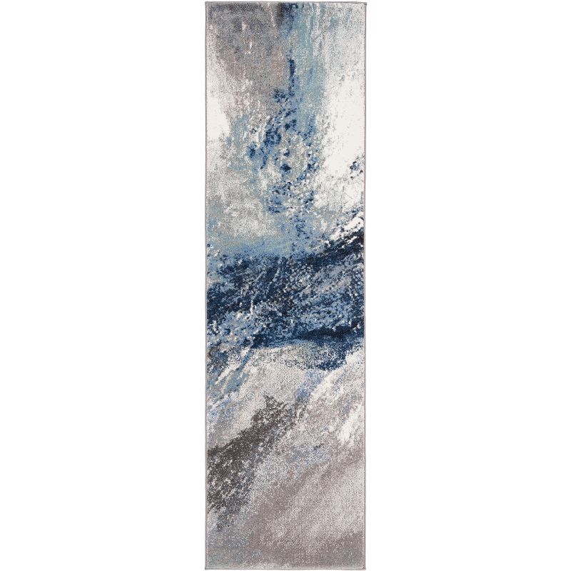 Celestial Blue Abstract 27" Hand-Knotted Synthetic Runner Rug