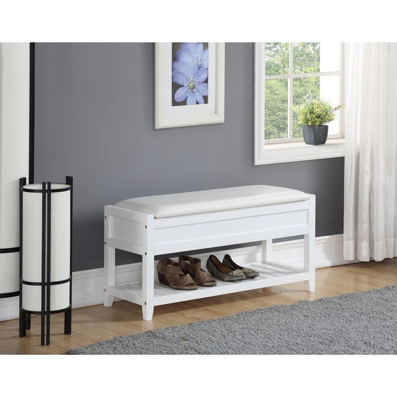 White Upholstered Storage Bench with Shoe Shelf