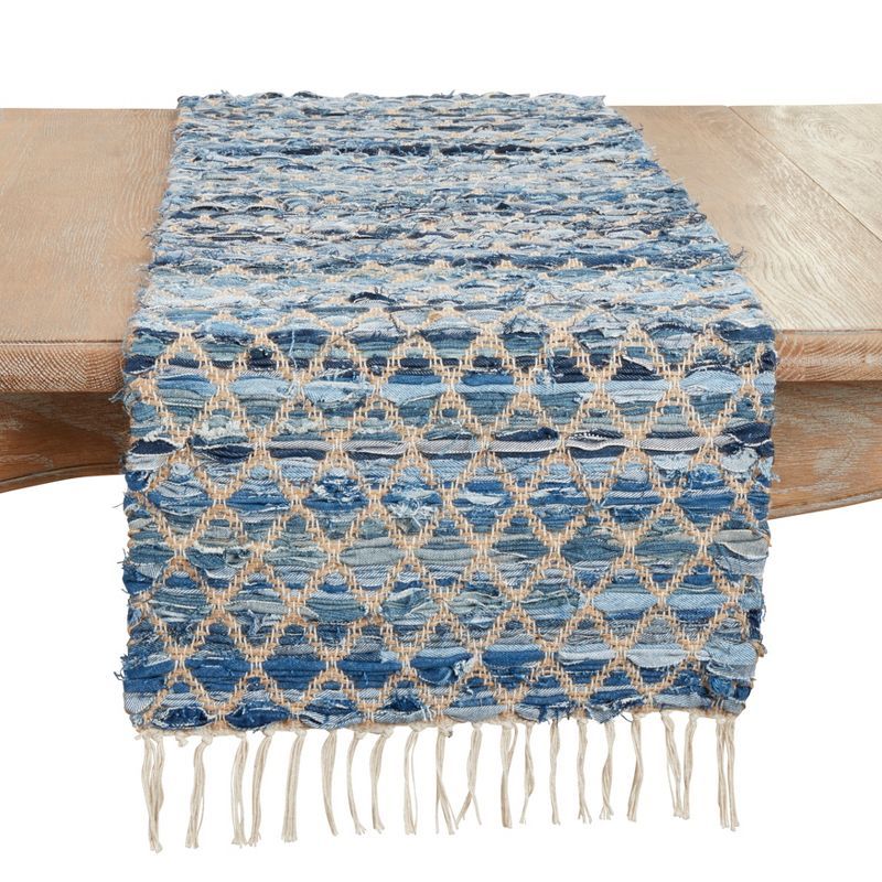 Blue Jute and Denim Woven Chindi Net Fringed Table Runner