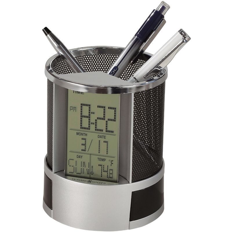 Howard Miller Black and Silver Digital Table Clock with Pencil Cup