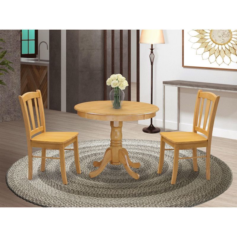 Natural Oak Finish Round Dining Table Set with Lattice Back Chairs