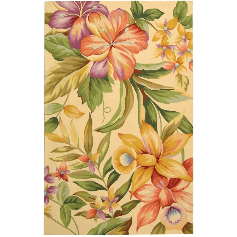 Ivory Floral Hand-Hooked Wool Area Rug 3'9" x 5'9"