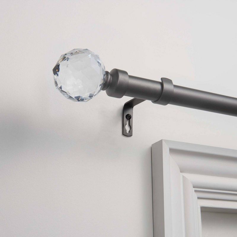 Adjustable Gray Iron Curtain Rod with Clear Crystal Ball Finials