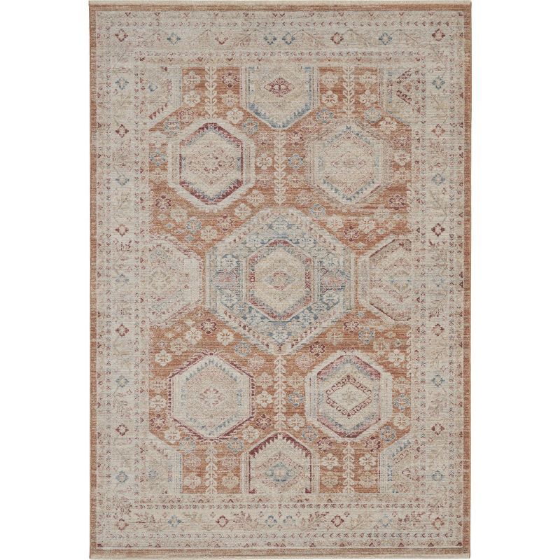 Brick and Blue Hand-knotted Synthetic Vintage Rug