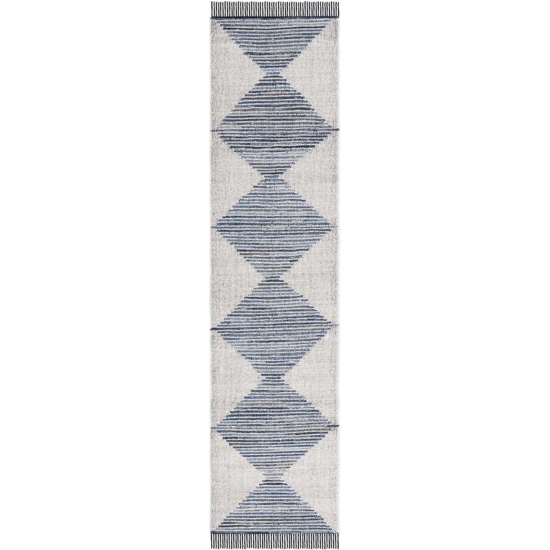 Ivory and Blue Wool Cotton Flat Woven Runner Rug
