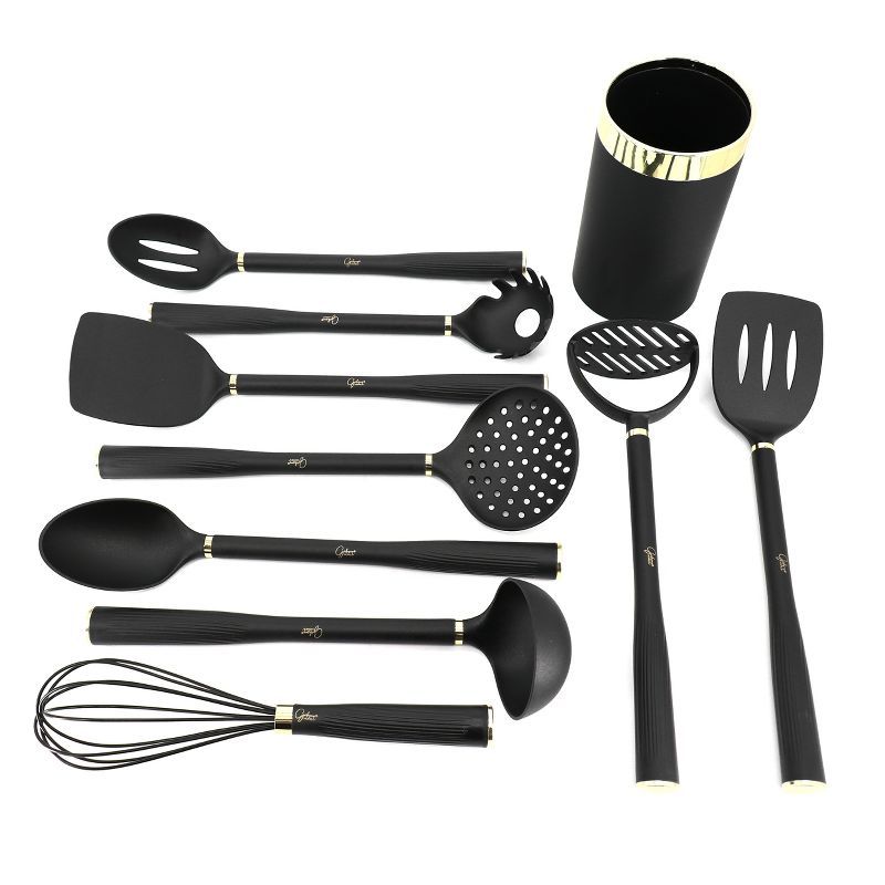 Black and Gold 10-Piece Nylon Kitchen Utensil Set with Crock