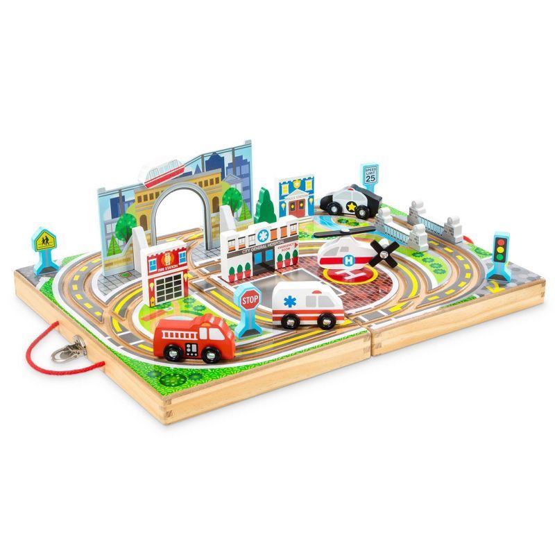 Wooden Town Play Set with Built-In Tracks