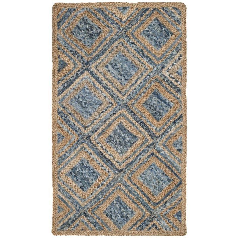 Hand-Woven Natural and Blue Geometric Jute Runner Rug