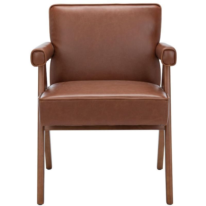 Contemporary Cognac Faux Leather Arm Chair with Walnut Finish