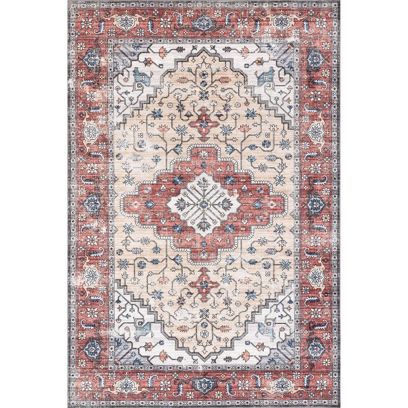 Ivory and Rust 4' x 6' Washable Synthetic Area Rug