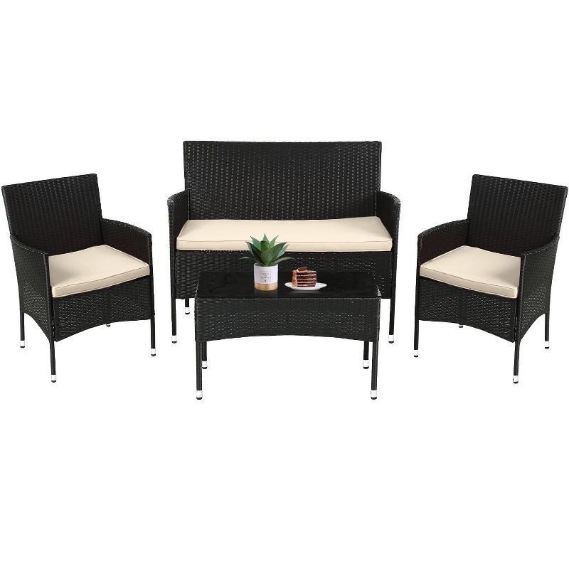 4-Piece Black and Khaki Rattan Patio Furniture Set with Cushions