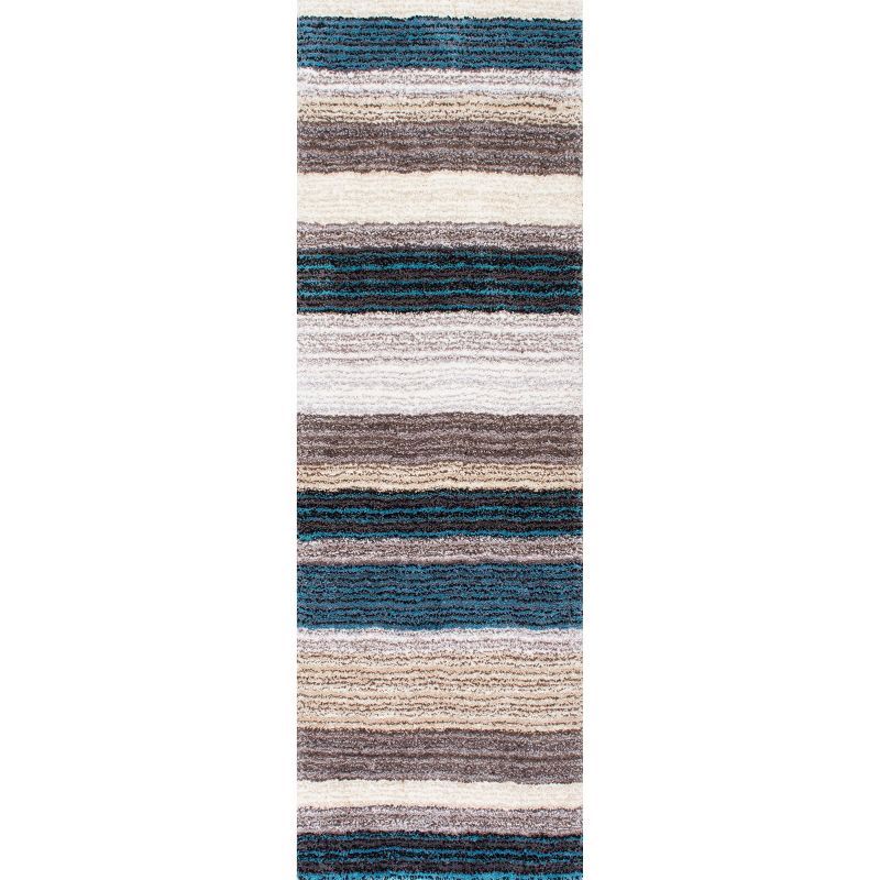 Blue Multicolor Synthetic Striped Shag Runner Rug 2' 6" x 10'