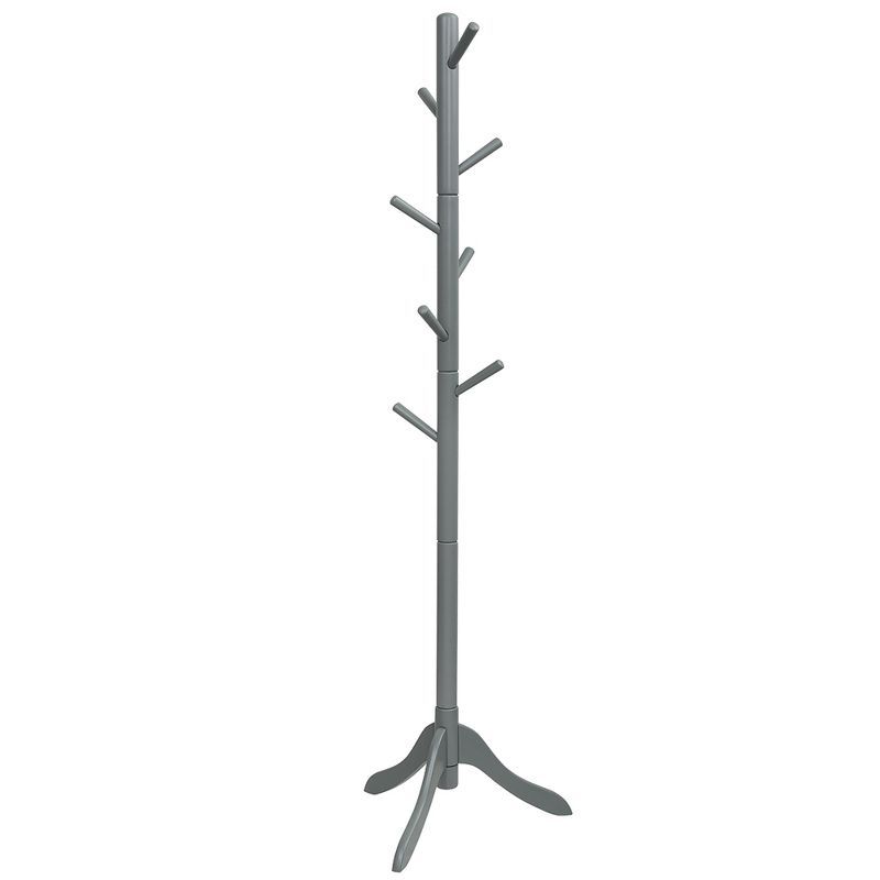 Gray Rubber Wood Adjustable Height Coat Rack with 8 Hooks