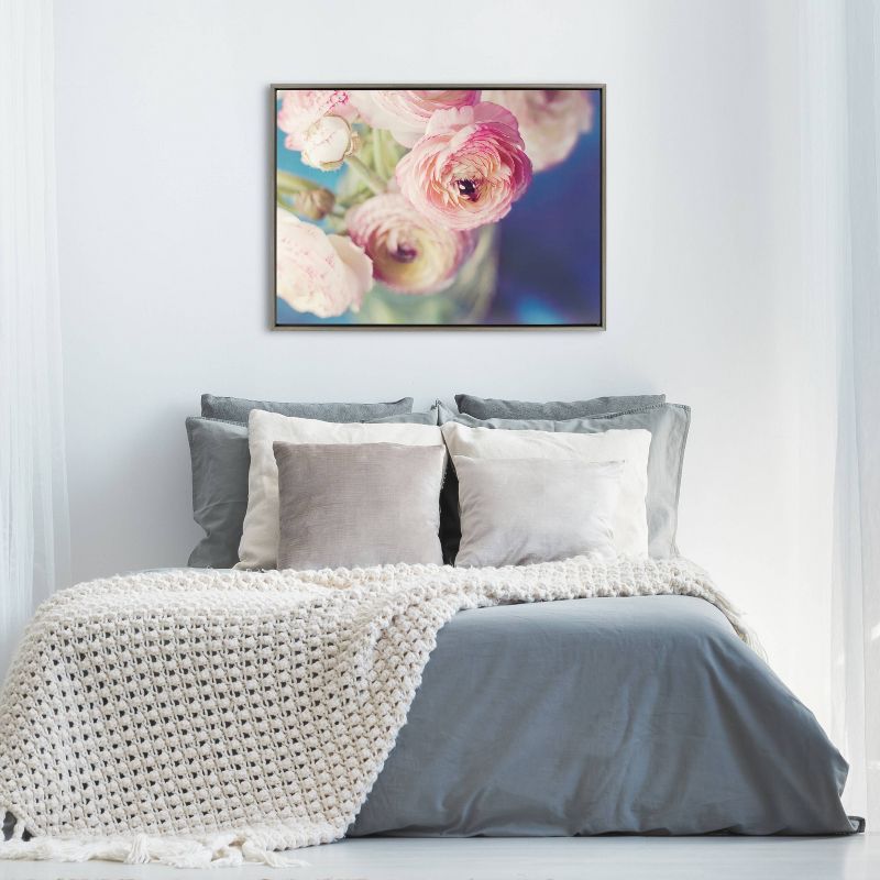 Large Pink and Blue Floral Canvas Print with Gray Frame