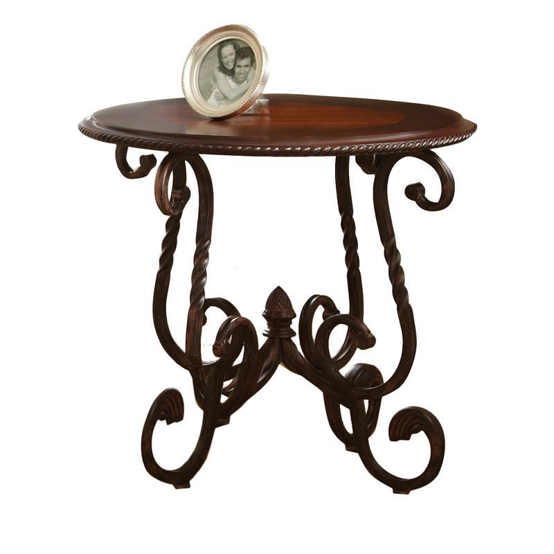 Crowley Round Cherry Wood and Metal End Table