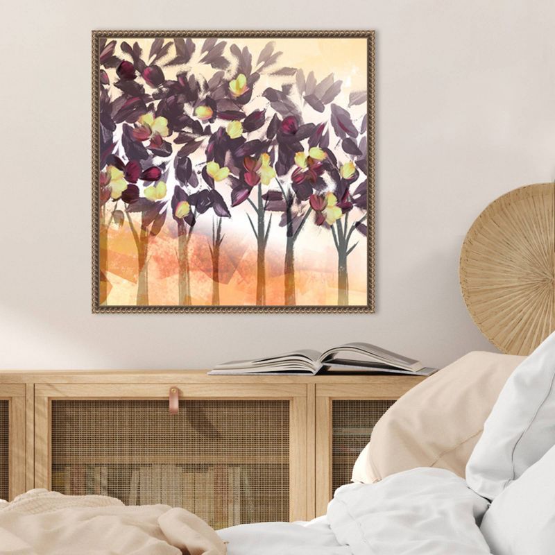 Northern Lights Purple Trees Abstract Canvas Wall Art with Bronze Frame