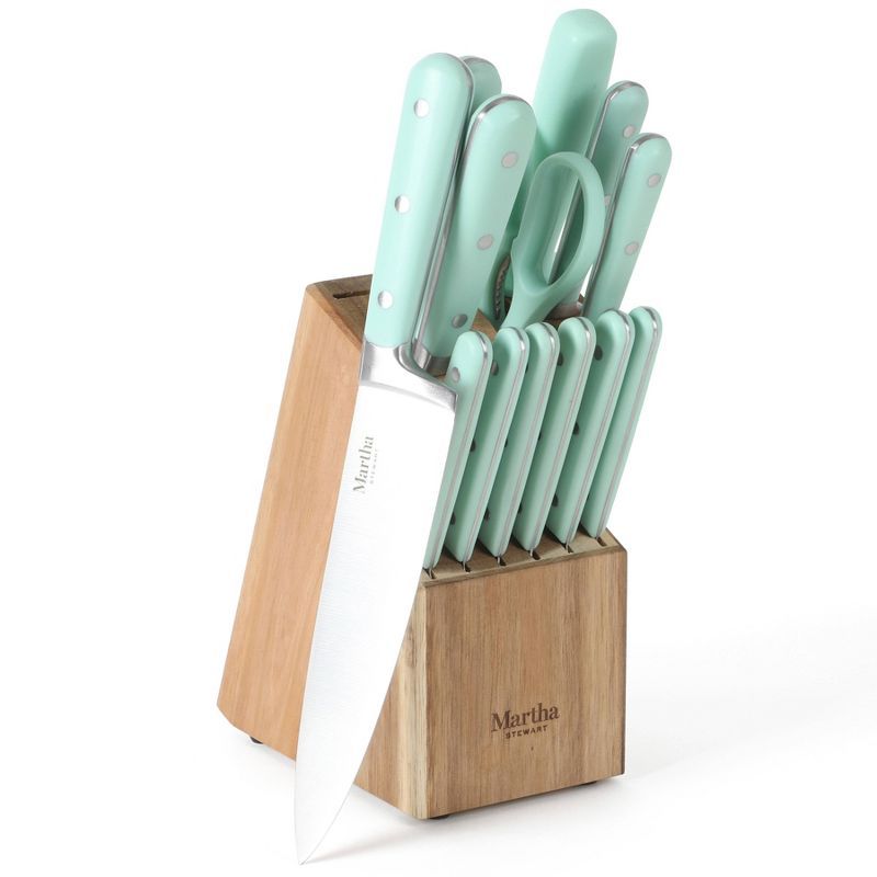 Martha Blue 14-Piece Stainless Steel Knife Block Set with Acacia Wood Block