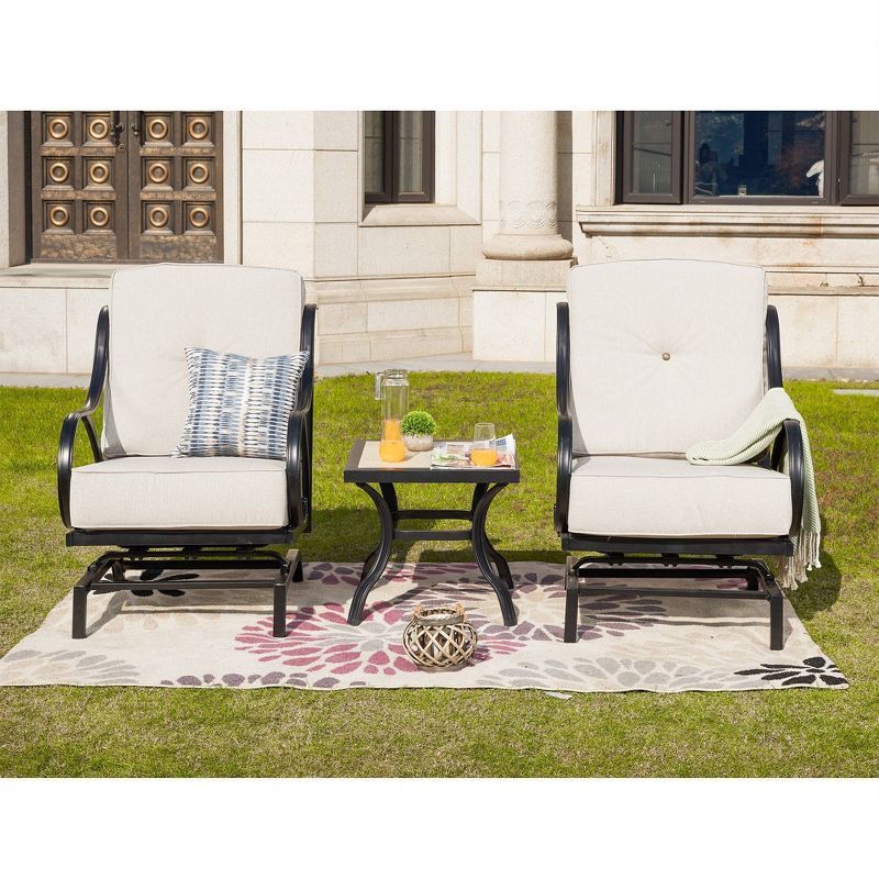 Cream 3-Piece Iron and Marble Patio Set with Cushions