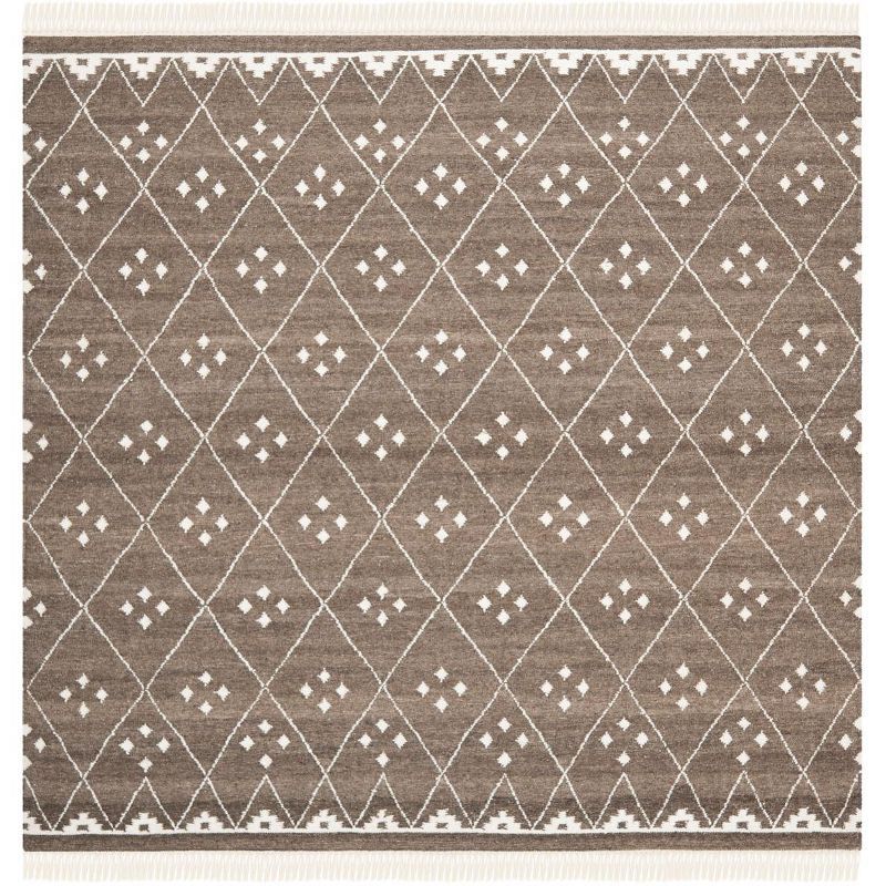 Brown and Ivory Wool Handmade Flat Woven Square Area Rug