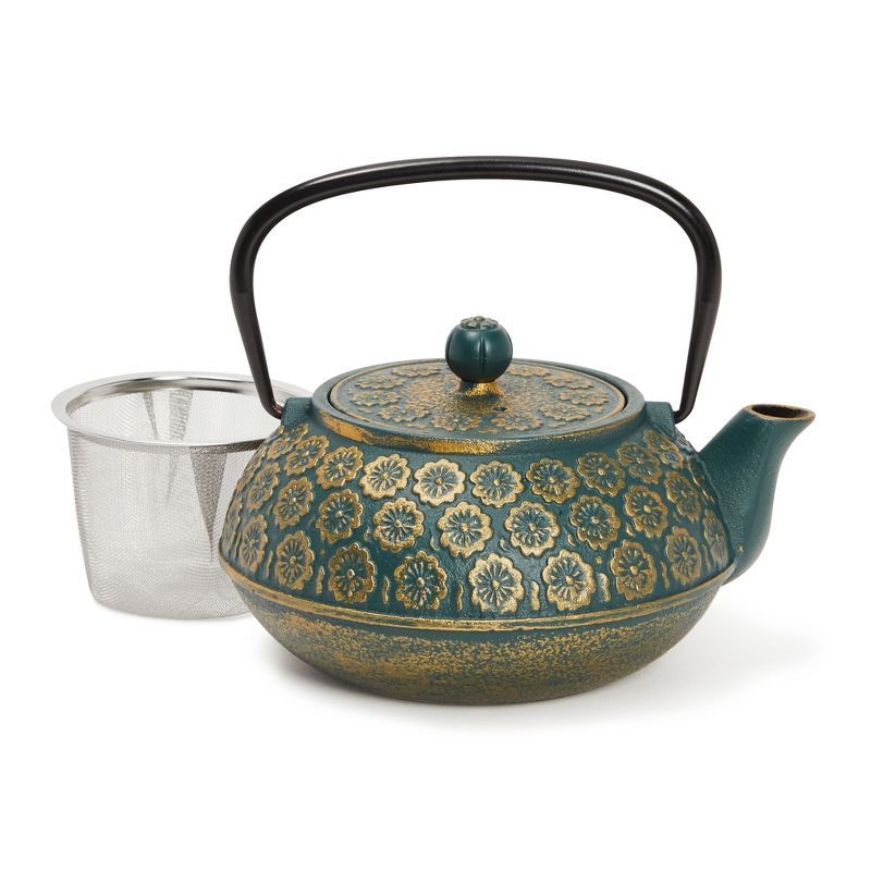 Green Floral Cast Iron Teapot with Stainless Steel Infuser, 34 oz