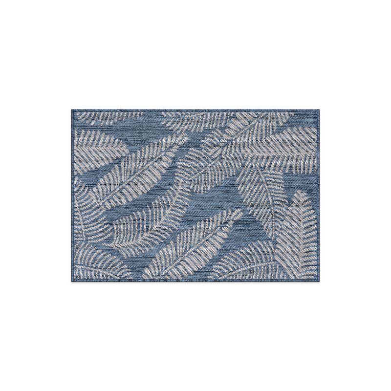 Blue and Beige Floral Palm Leaves Flat Woven Reversible Rug
