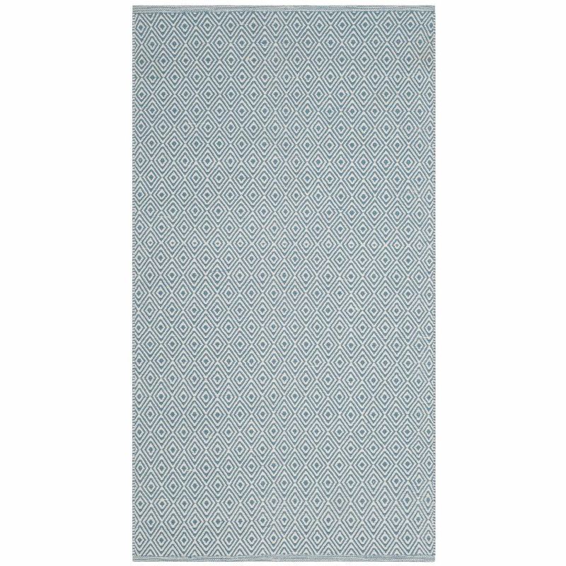 Ivory and Light Blue Handwoven Cotton Geometric Area Rug - 3' x 5'