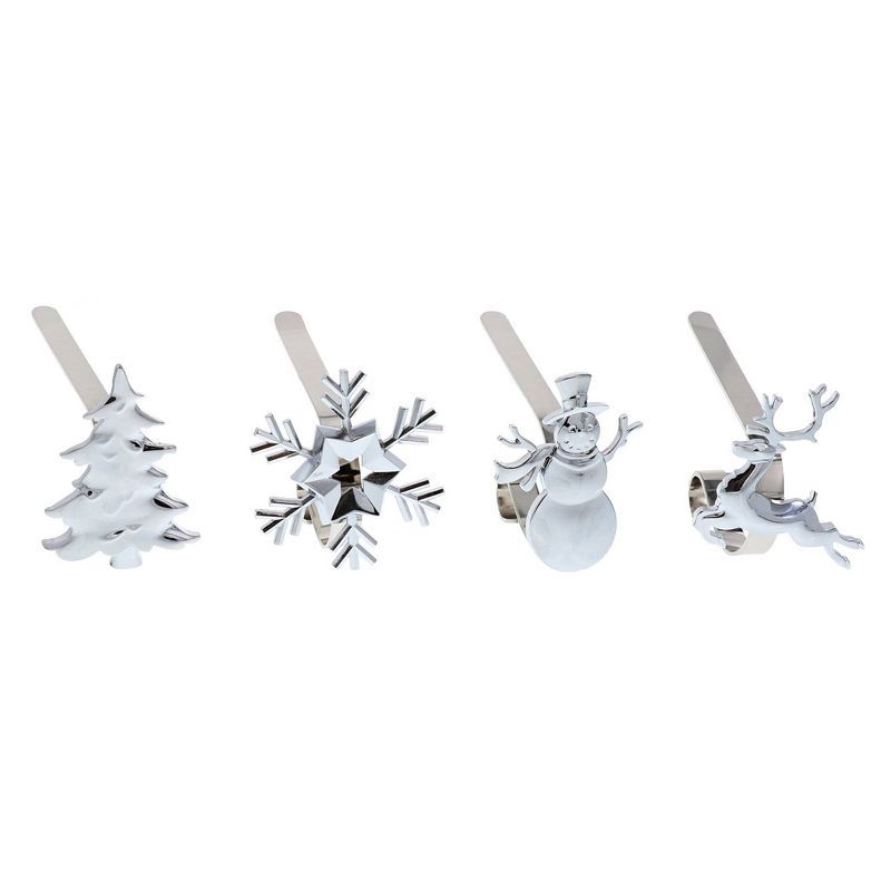 Silver Metal MantleClip Stocking Holders with Holiday Icons, Set of 4