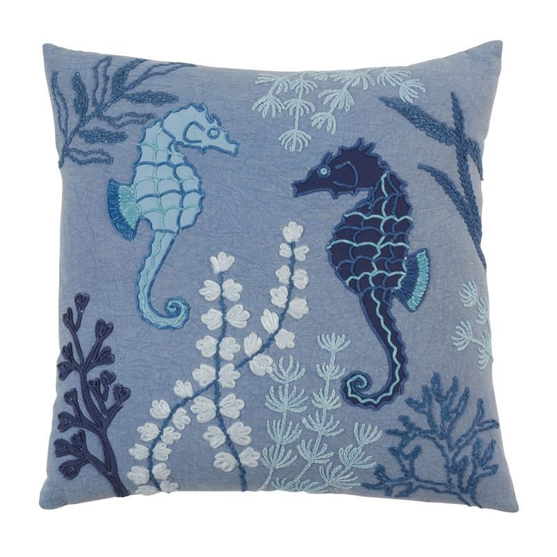 Blue Embroidered Seahorse Coastal Medium Throw Pillow