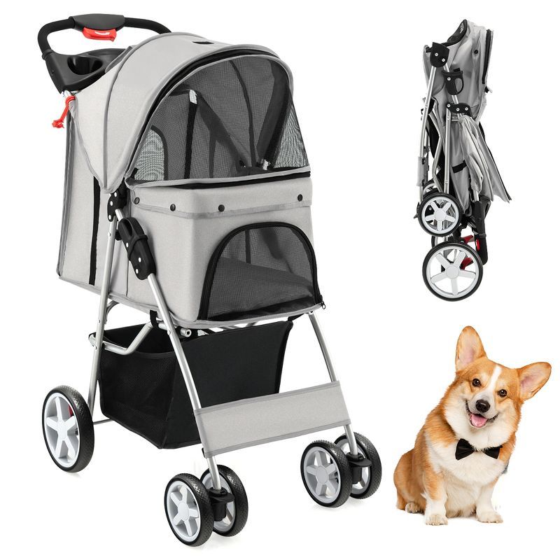 Gray Folding Pet Stroller with Mesh Windows and Storage Basket