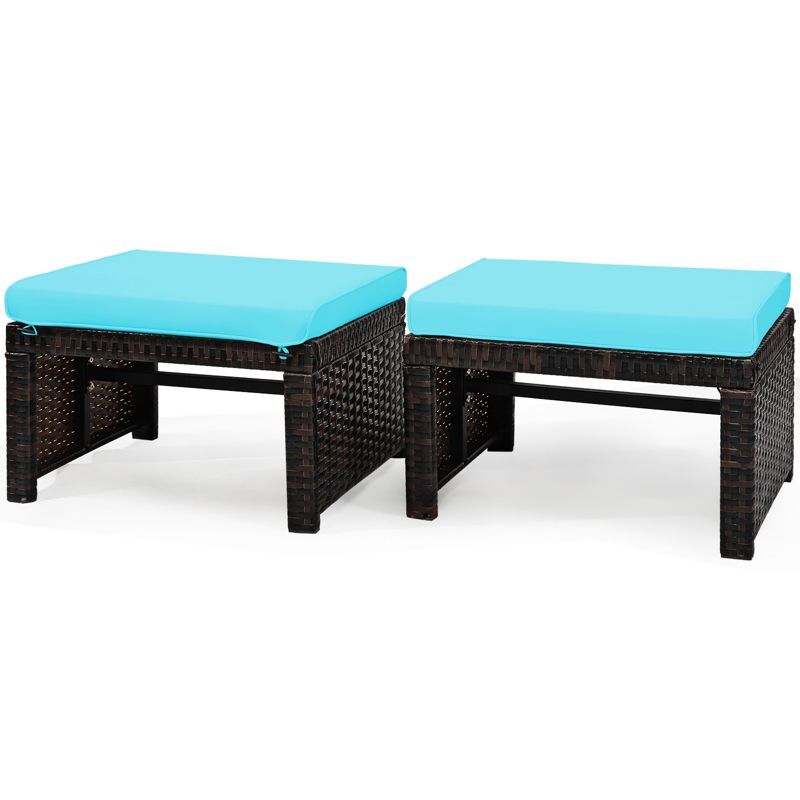 Turquoise Cushioned Brown Wicker Outdoor Ottomans, Set of 2
