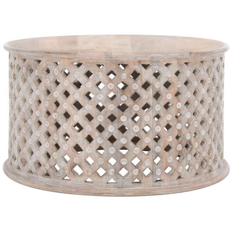 Burnt White Mango Wood Round Latticework Cocktail Table