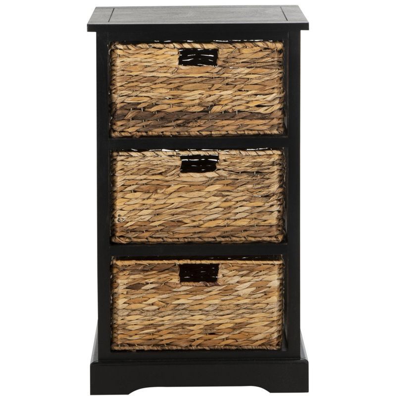 Transitional Gray Pine Wood Side Table with 3 Wicker Baskets