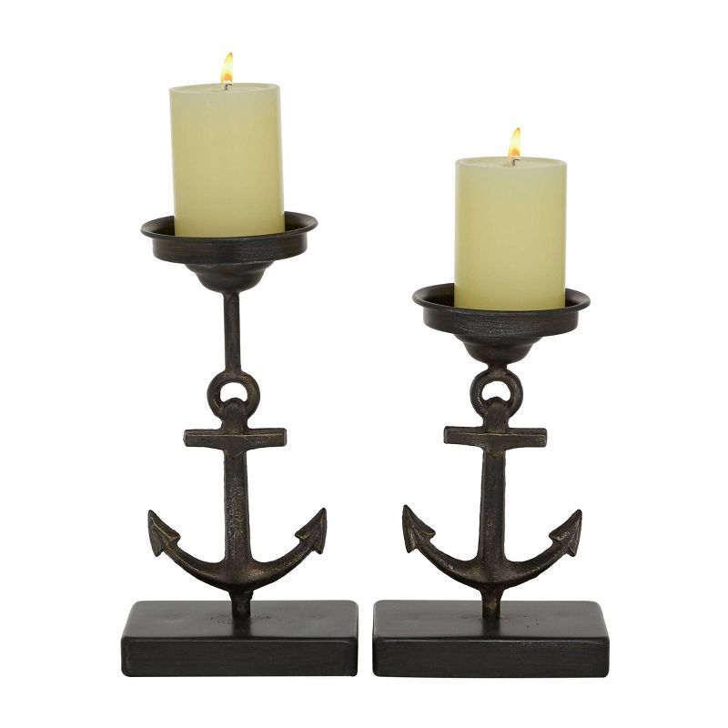 Coastal Black Metal Anchor Candlestick Holders, Set of 2