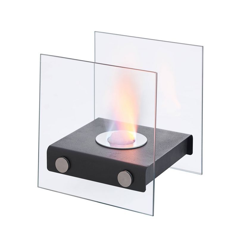 10" Square Black Metal and Clear Glass Tabletop Bio-Ethanol Fireplace