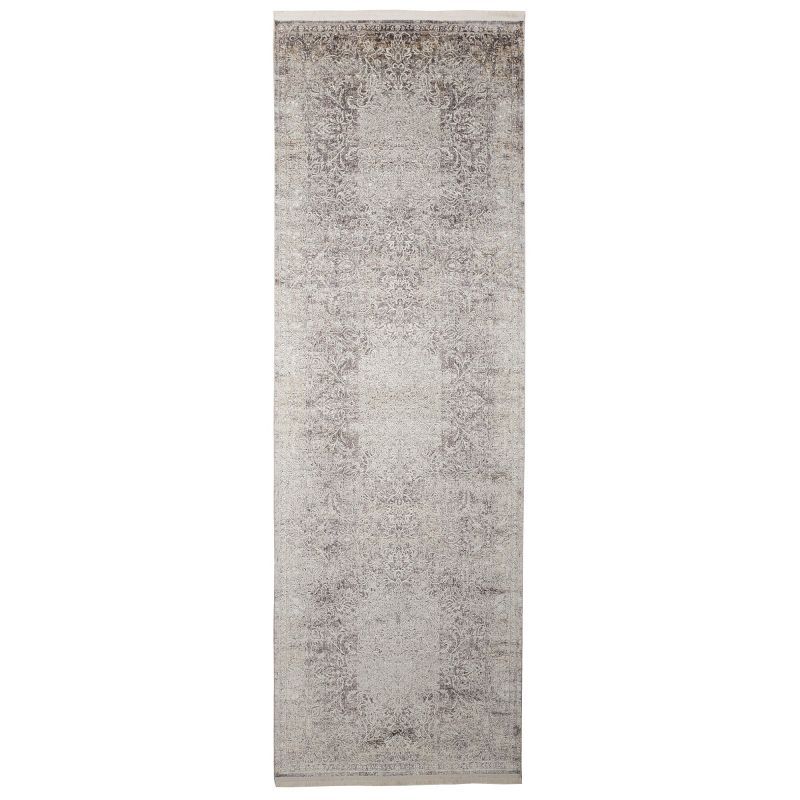 Ivory and Gray Medallion Runner Rug in Viscose and Cotton