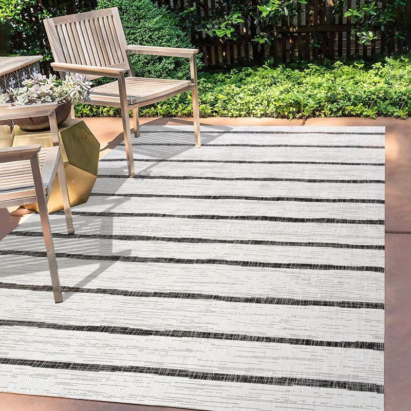 Ivory and Black Striped Synthetic 4' x 6' Indoor/Outdoor Rug