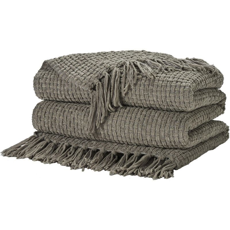 Gray Woven Chenille Knitted Throw Blanket with Tassels