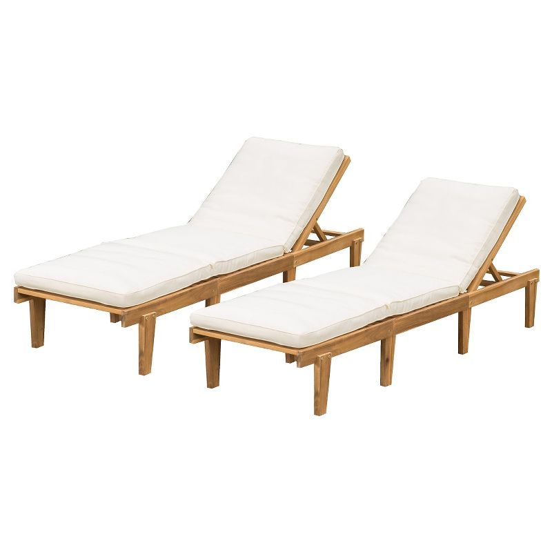 Set of 2 Teak Brown Acacia Wood Chaise Lounges with Cushions