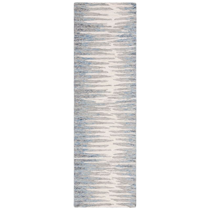 Handmade Ivory and Dark Blue Wool Abstract Runner Rug