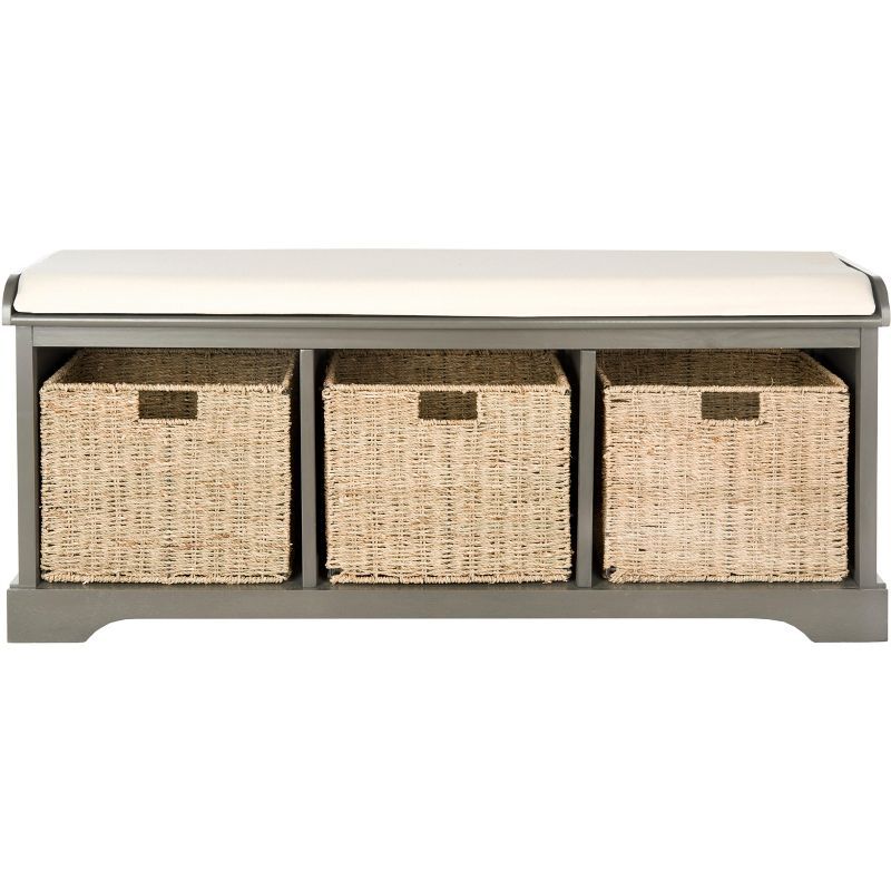 Transitional Beige-Gray Wicker Storage Bench with Cushioned Top