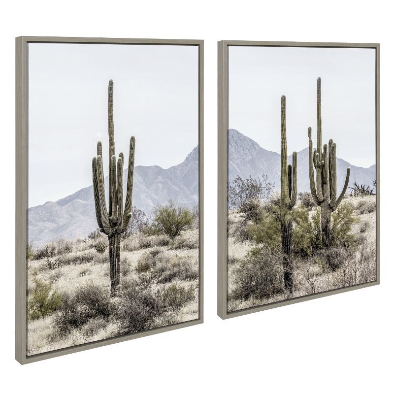 Tall Saguaro Cacti Desert Mountain Gray Canvas Wall Art Set