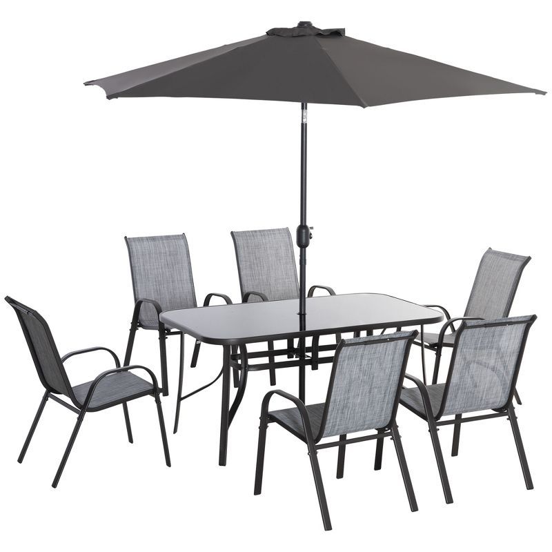 Gray 6-Person Outdoor Dining Set with Umbrella and Glass Top Table