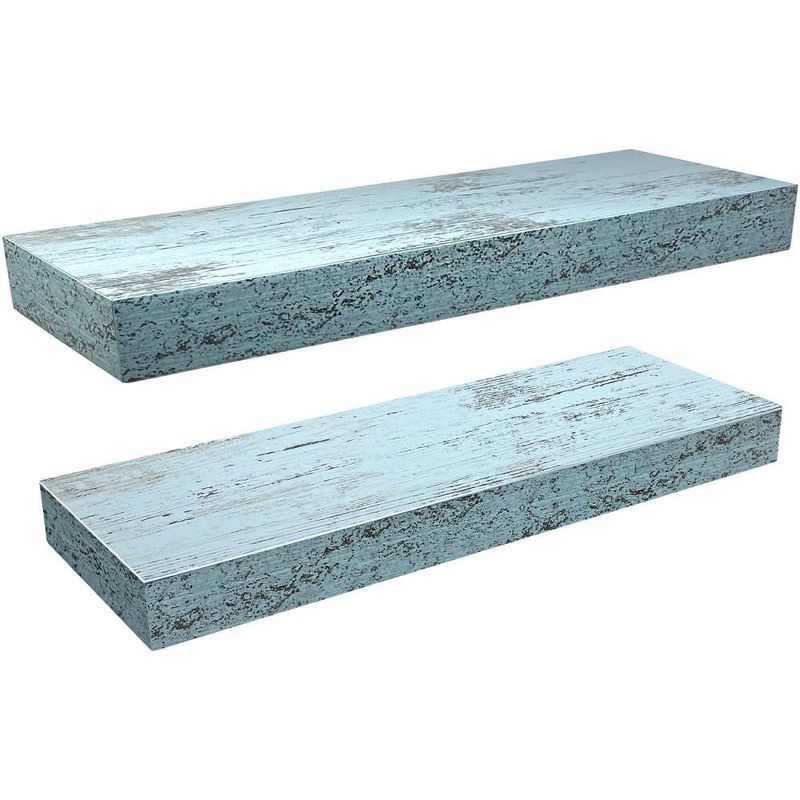 Rustic Blue Distressed Wood Floating Shelves, 16.25" Set of 2