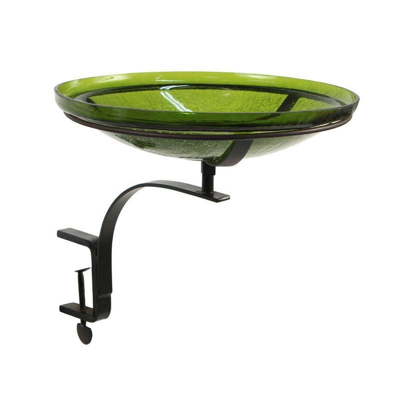 Fern Green Crackle Glass Birdbath with Rail Mount Bracket