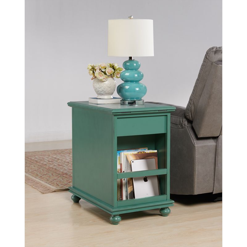 Antique Teal Parisian-Inspired Chairside Table with Power