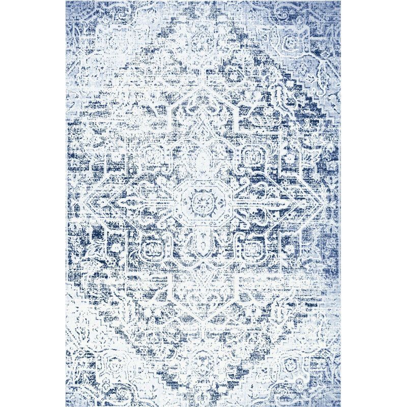 Sofia Fleur Navy Blue Aqua Medallion Indoor Outdoor Rug